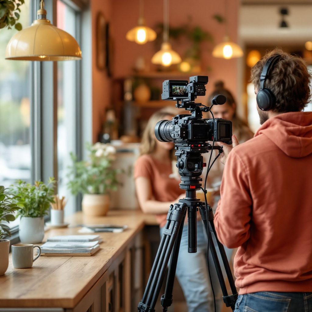 Marco Rossi filming a local business owner in Ciociaria